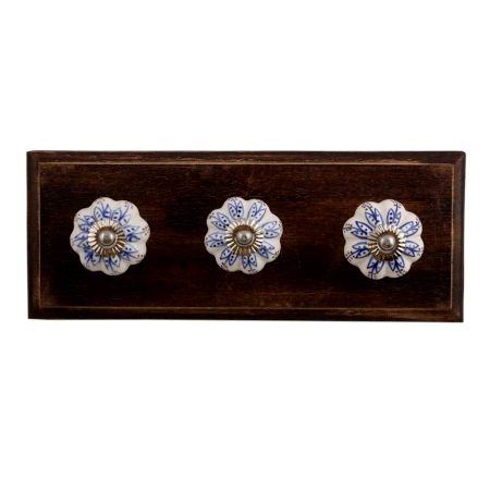 Blue Lotus Ceramic Wooden Hooks